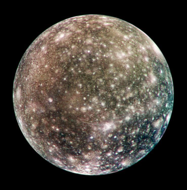 Bright scars on a darker surface testify to a long history of impacts on Jupiter's moon Callisto in this image of Callisto from NASA's Galileo spacecraft.