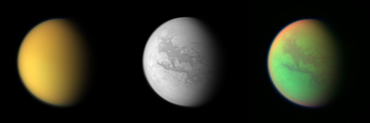 Três visões de Titã pela sonda Cassini em luz visível, infravermelho e composição de cores falsas mostrando sua superfície e atmosfera