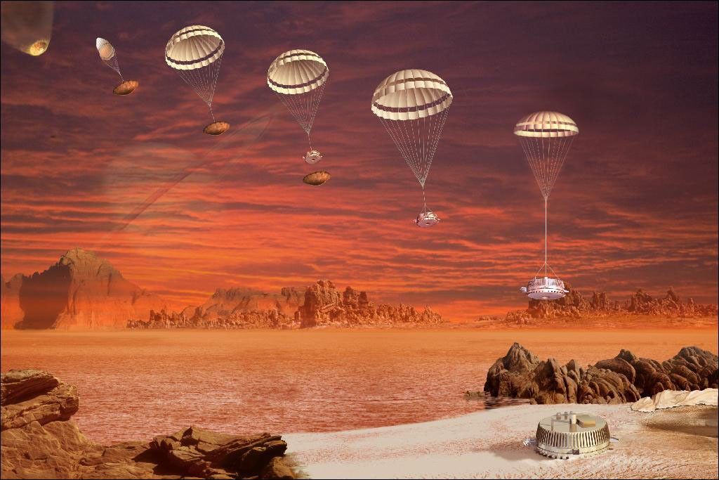 Artists concept shows the Huygens probes entry, descent and landing, with the descent imager/spectral radiometer lamp turned on at the end.