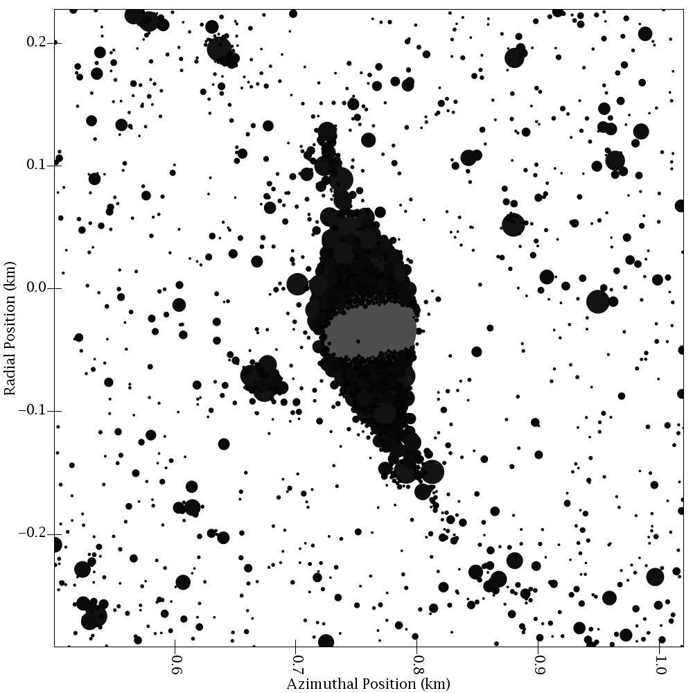Computer simulation of the final stage of the growth of a "clump" in Saturn's rings.