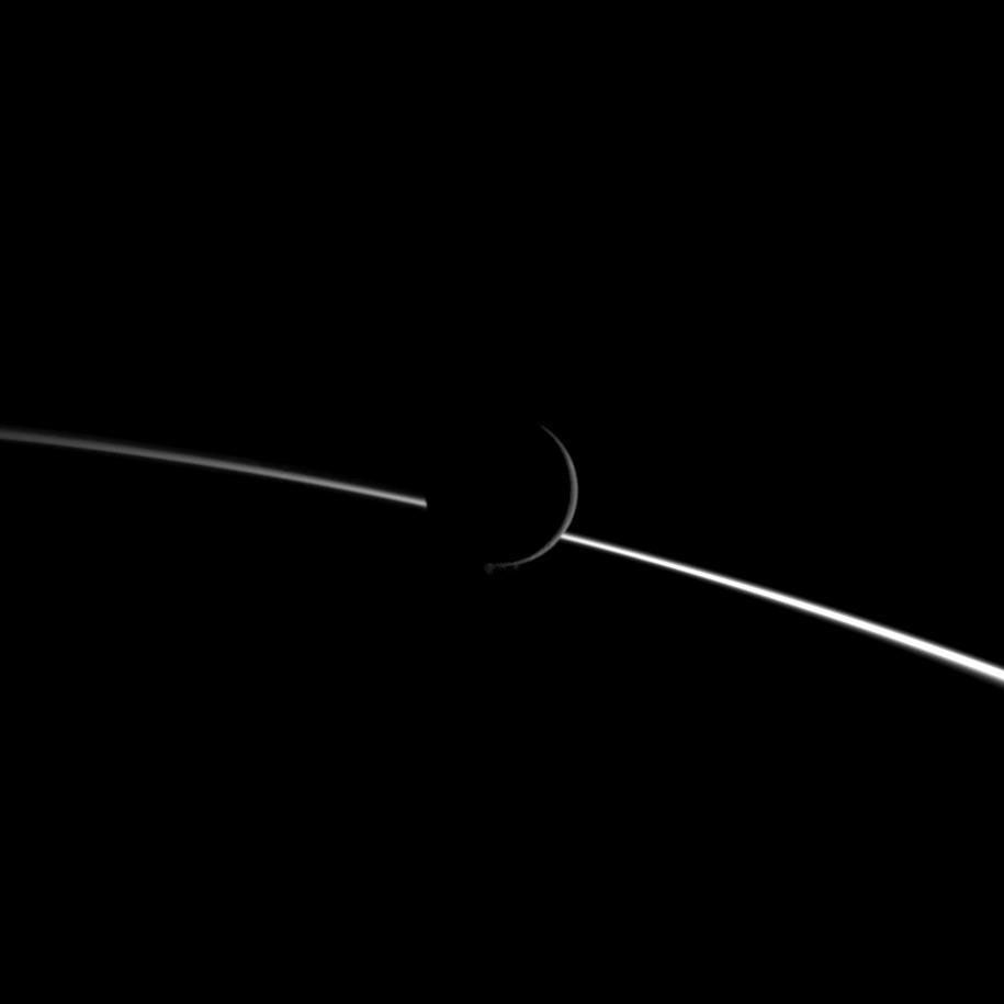 Jets of water ice particles spew from Saturn's moon Enceladus in this image obtained by NASA's Cassini spacecraft on Aug. 13, 2010.