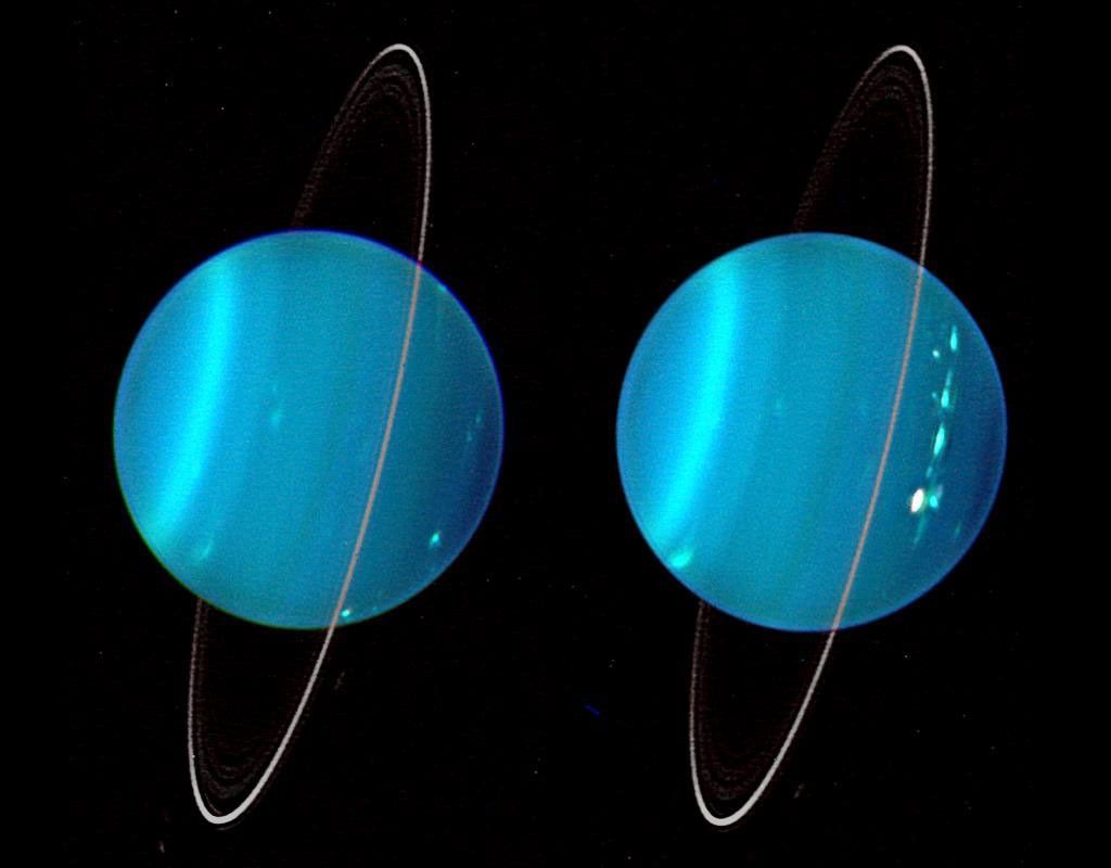 An infrared composite image of the two hemispheres of Uranus obtained with Keck Telescope adaptive optics.
