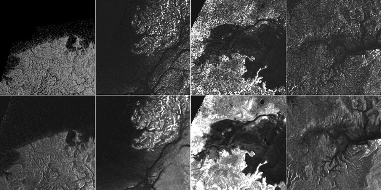 A montage of Cassini Synthetic Aperture Radar (SAR) images of the surface of Titan