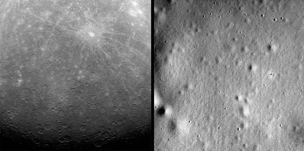 A split image with a close up of Mercury on the left with a large crater showing. On the right is a close up of the surface of Mercury with what looks likes hills or mountains.