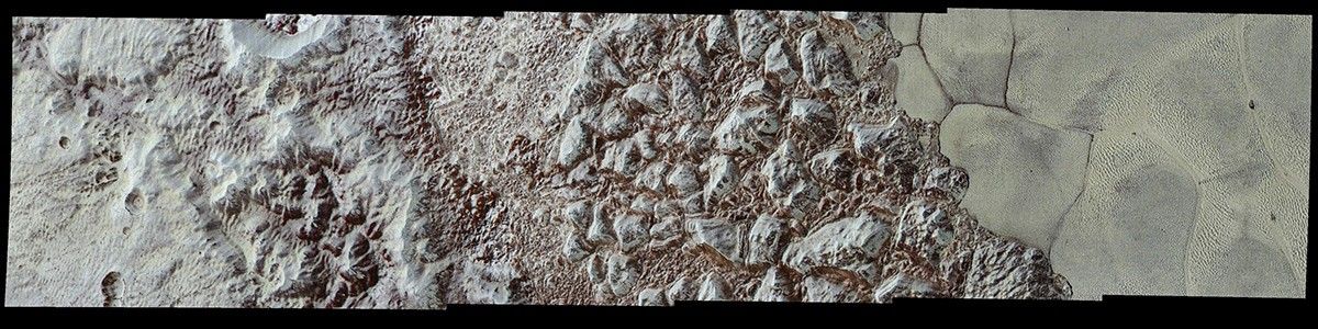 This enhanced color mosaic combines some of the sharpest views of Pluto that NASA's New Horizons spacecraft obtained during its July 14 flyby.