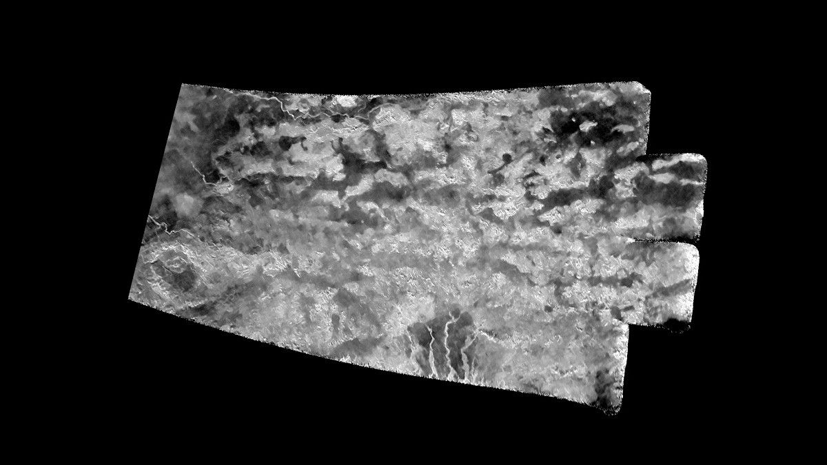 Enhanced aerial view of the surface of Titan.