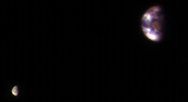 This composite image of Earth and its moon, as seen from Mars, combines the best Earth image with the best moon image from four sets of images acquired on Nov. 20, 2016, by the High Resolution Imaging Science Experiment (HiRISE) camera on NASA's Mars Reconnaissance Orbiter.
