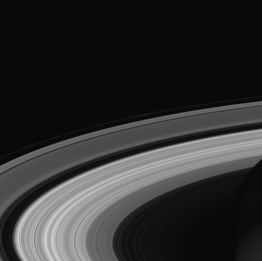 Black and white image of Saturn's rings.