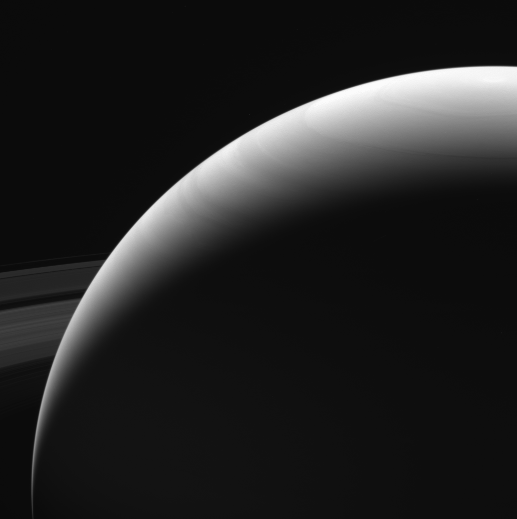Black and white image of Saturn's atmosphere.