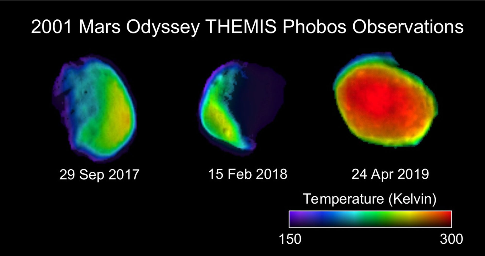three color-coded views of rocky moonlet