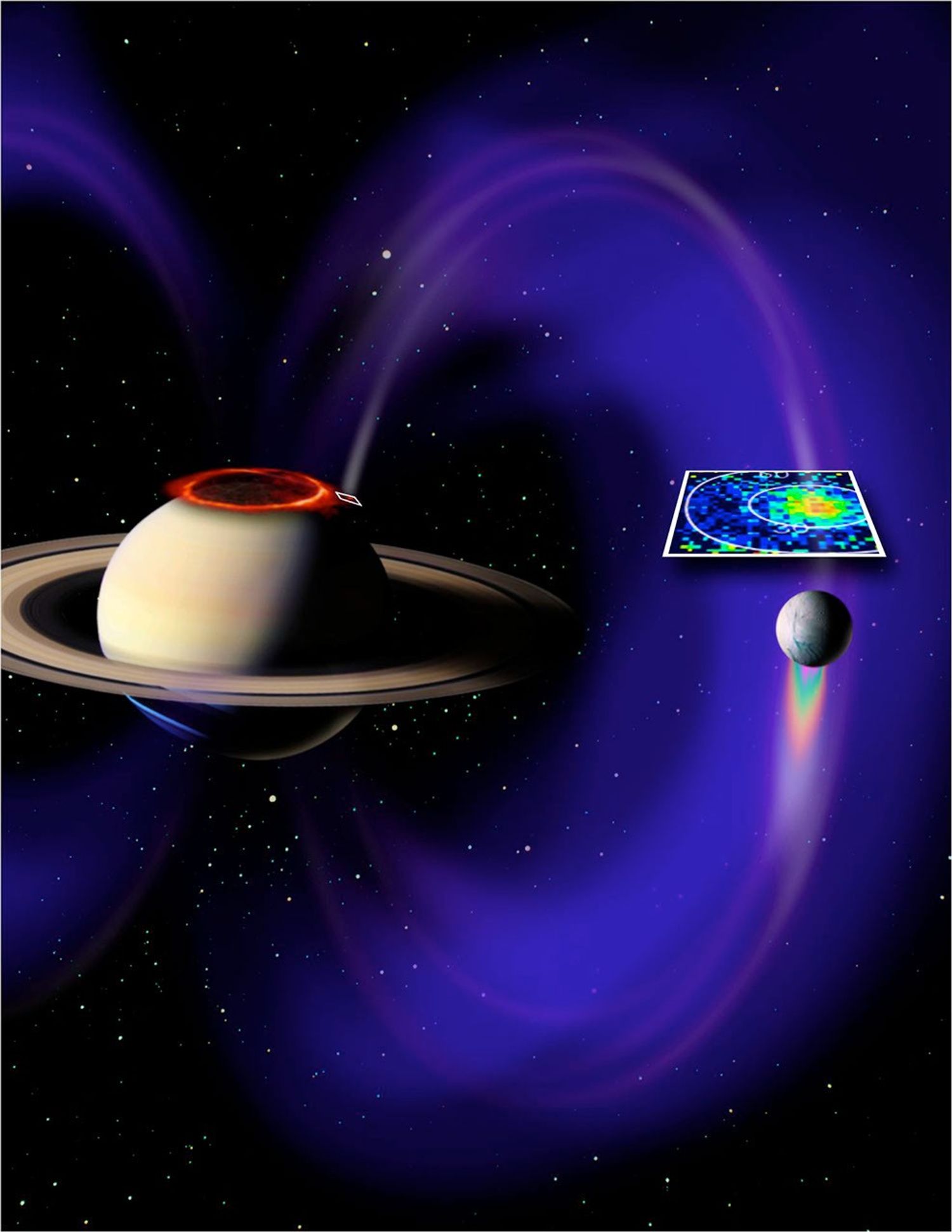 This artist's concept shows the magnetic connection between Saturn and its moon Enceladus
