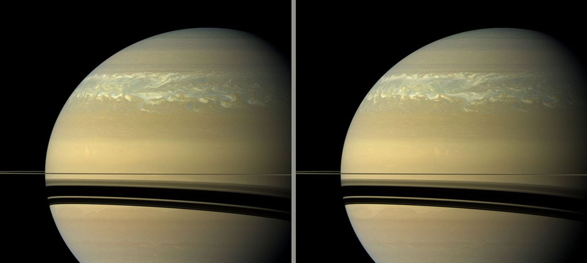 Two natural color views of Saturn's huge storm taken 11 hours apart