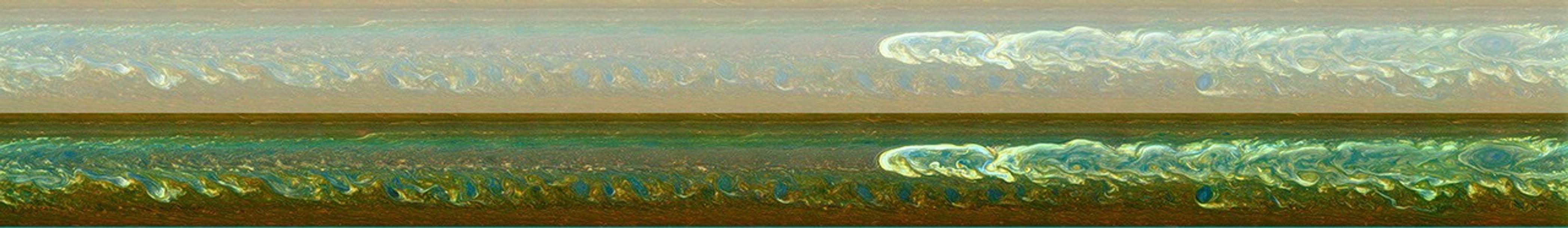 The biggest, most long-lasting Saturnian storm seen by either NASA's Cassini or Voyager spacecraft roils the atmosphere of the gas giant in this nearly true-color mosaic of Cassini images. A second version of this mosaic is also included here.