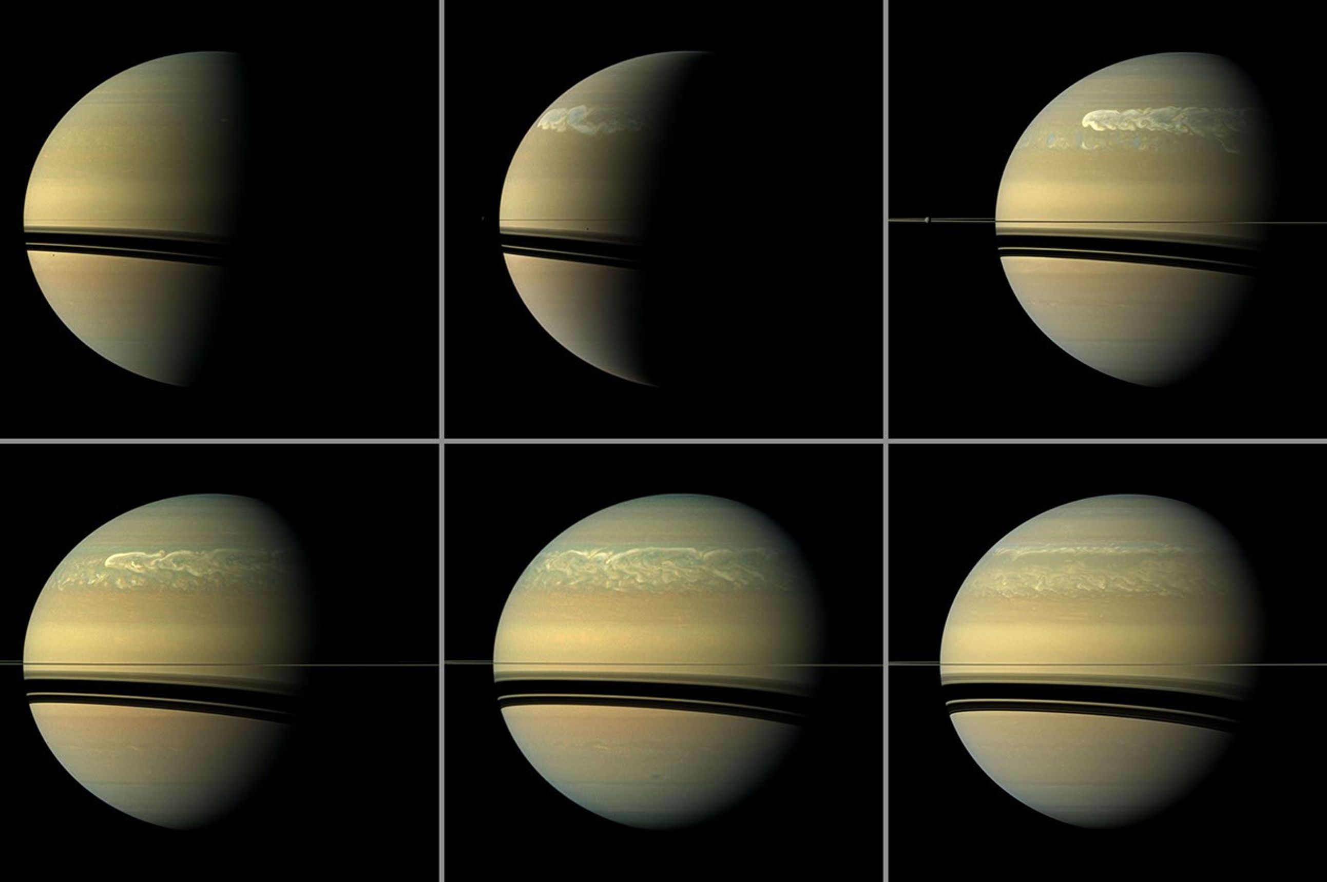 This series of images from NASA's Cassini spacecraft shows the development of the largest storm seen on the planet since 1990.