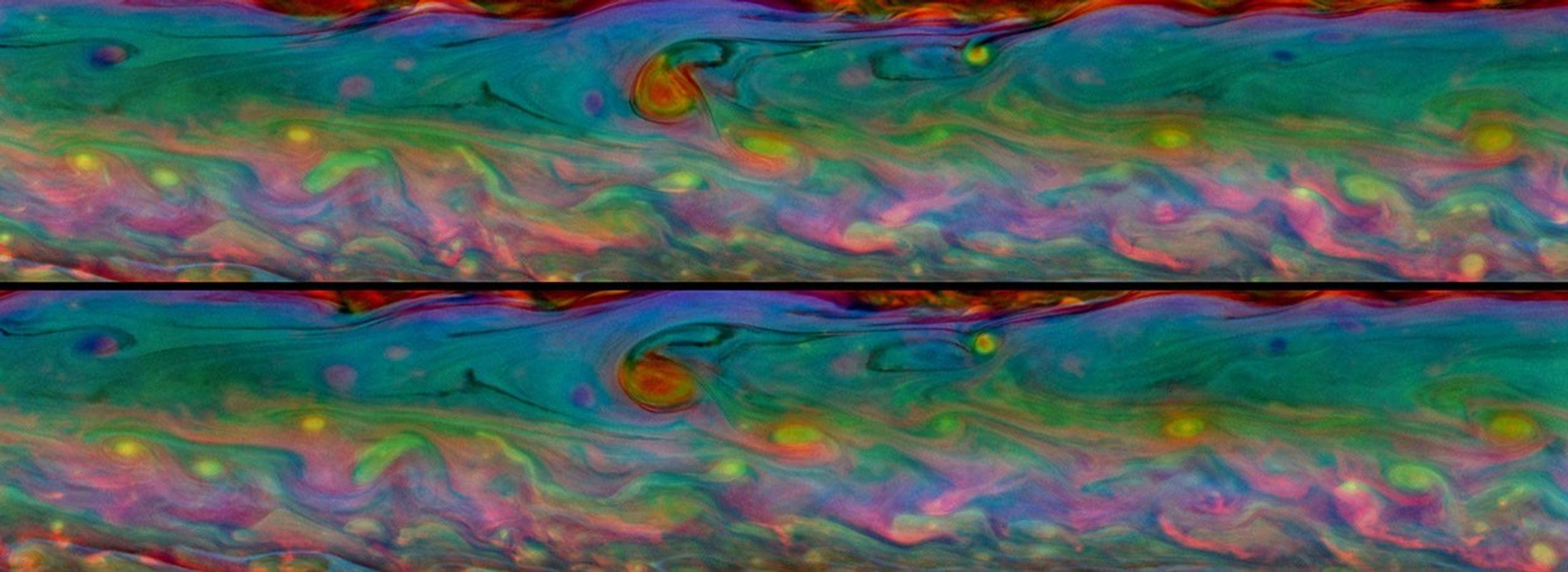 These two false-color views from NASA's Cassini spacecraft show detailed patterns that change during one Saturn day within the huge storm in the planet's northern hemisphere.