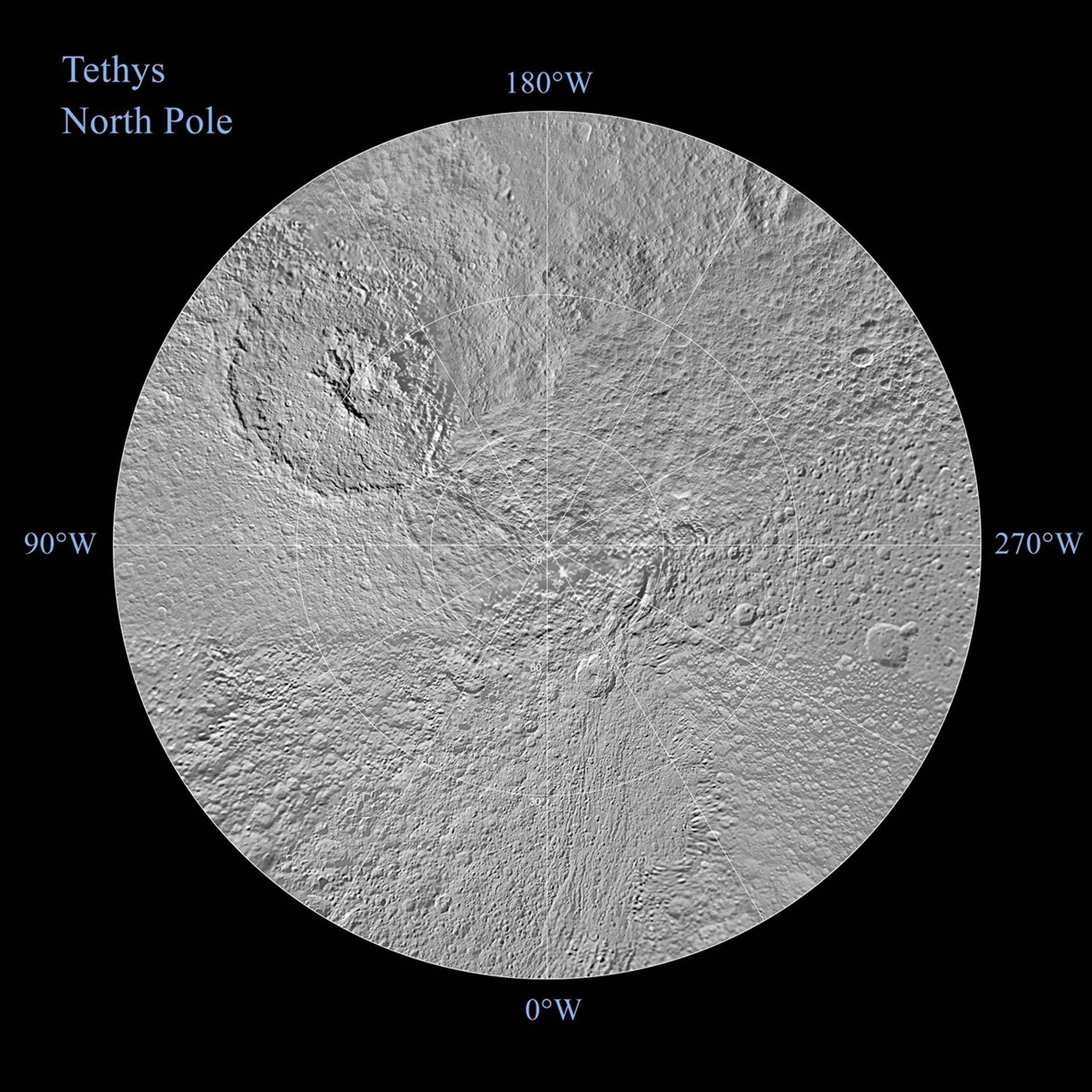 The northern and southern hemispheres of Tethys are seen in these polar stereographic maps, mosaicked from the best-available Cassini images.