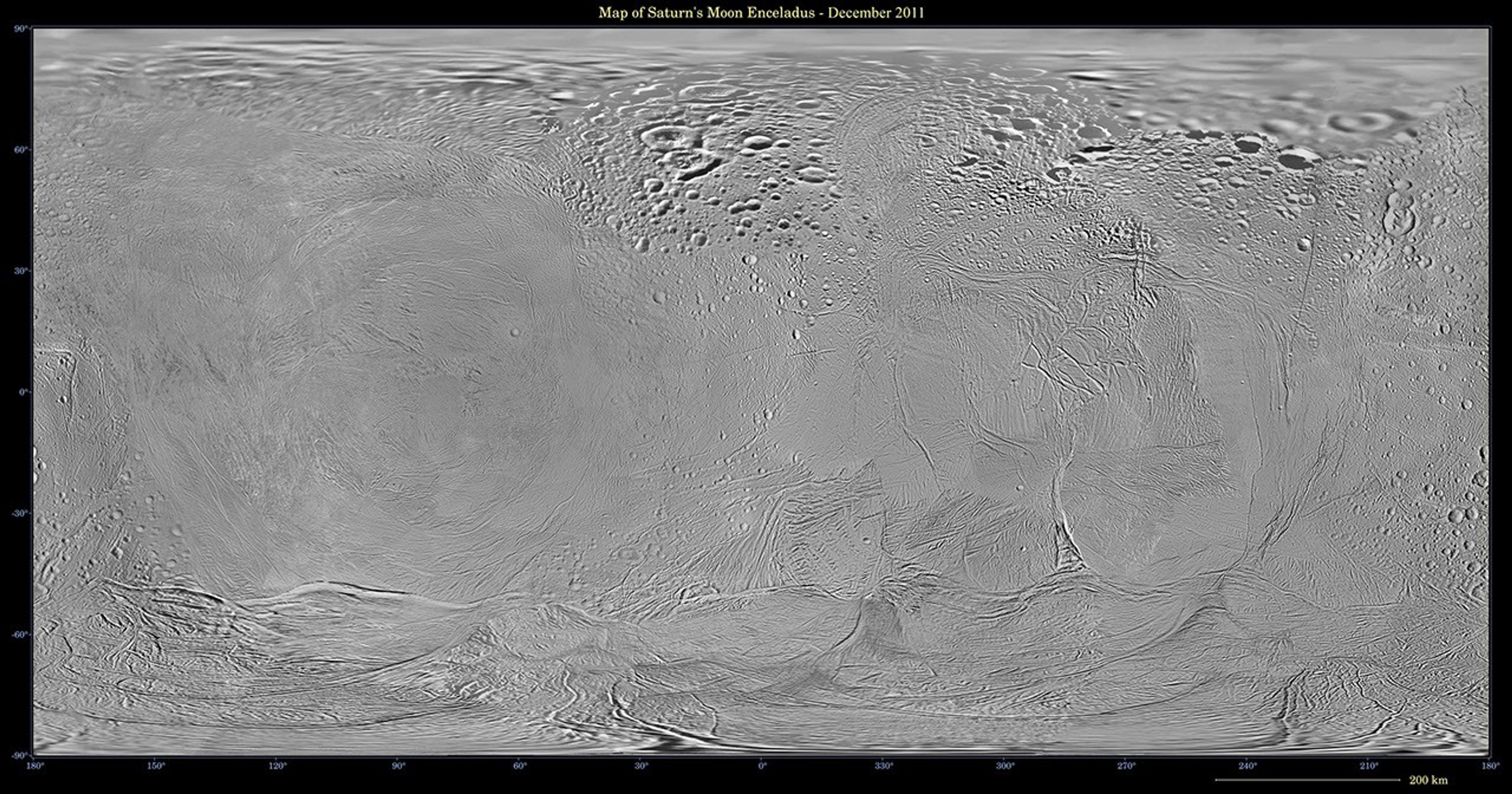 This mosaic shows an updated global map of Saturn's icy moon Enceladus, created using images taken during Cassini spacecraft flybys. The map incorporates new images taken during flybys in December 2011.
