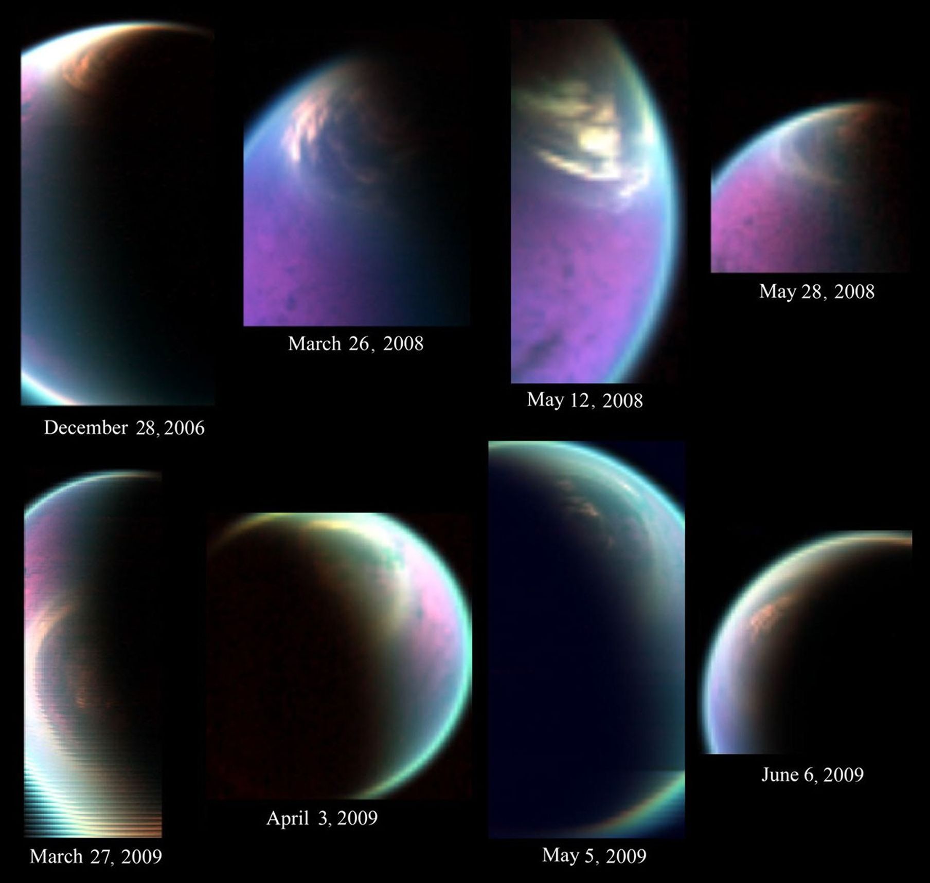 This series of false-color images obtained by NASA’s Cassini spacecraft shows the dissolving cloud cover over the north pole of Saturn’s moon Titan.