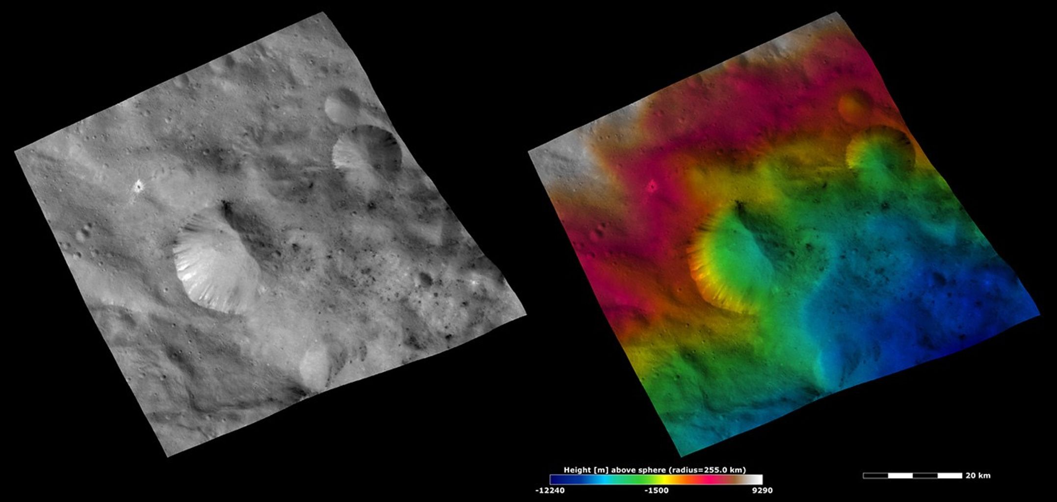 Apparent Brightness and Topography Images of Helena Crater