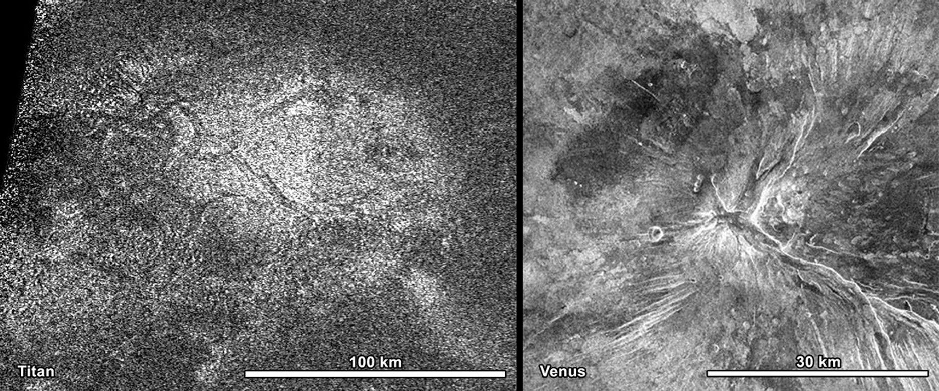 NASA’s Cassini spacecraft obtained this image of a feature shaped like a hot cross bun in the northern region of Titan (left) that bears a striking resemblance to a similar feature on Venus (right).