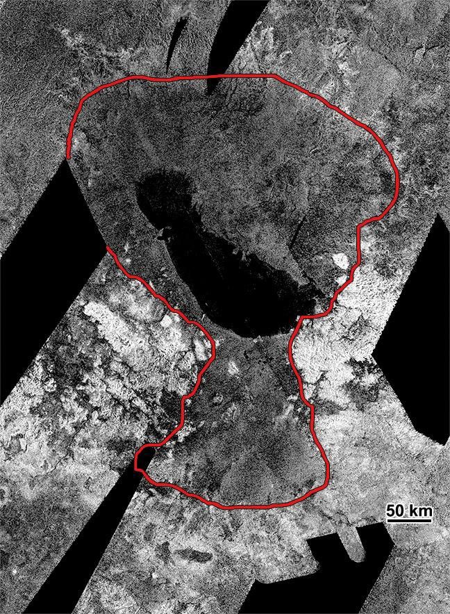 This image from NASA's Cassini spacecraft shows an ancient southern sea that used to sprawl out near the south pole of Saturn's moon Titan.