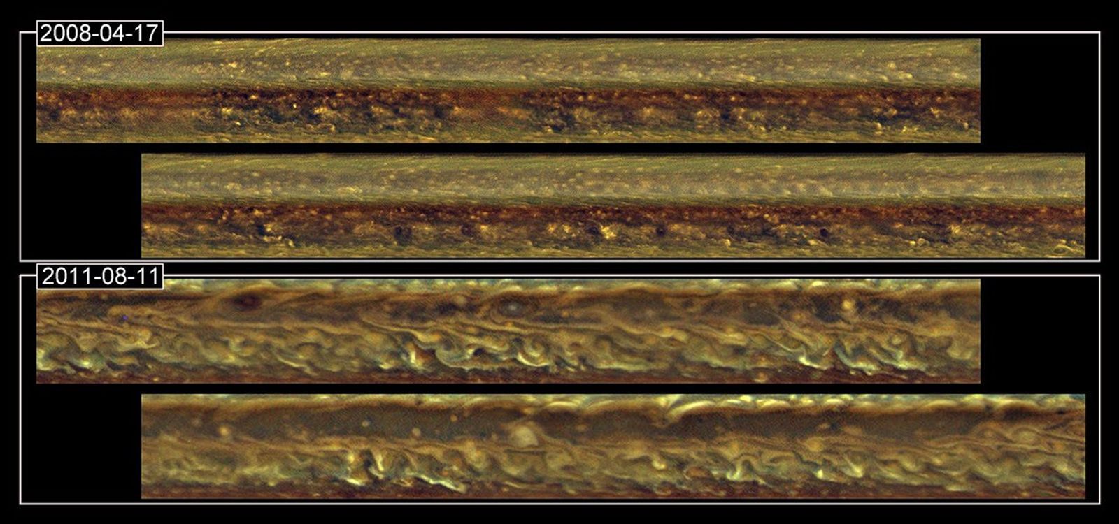 Cloud patterns in a band around Saturn