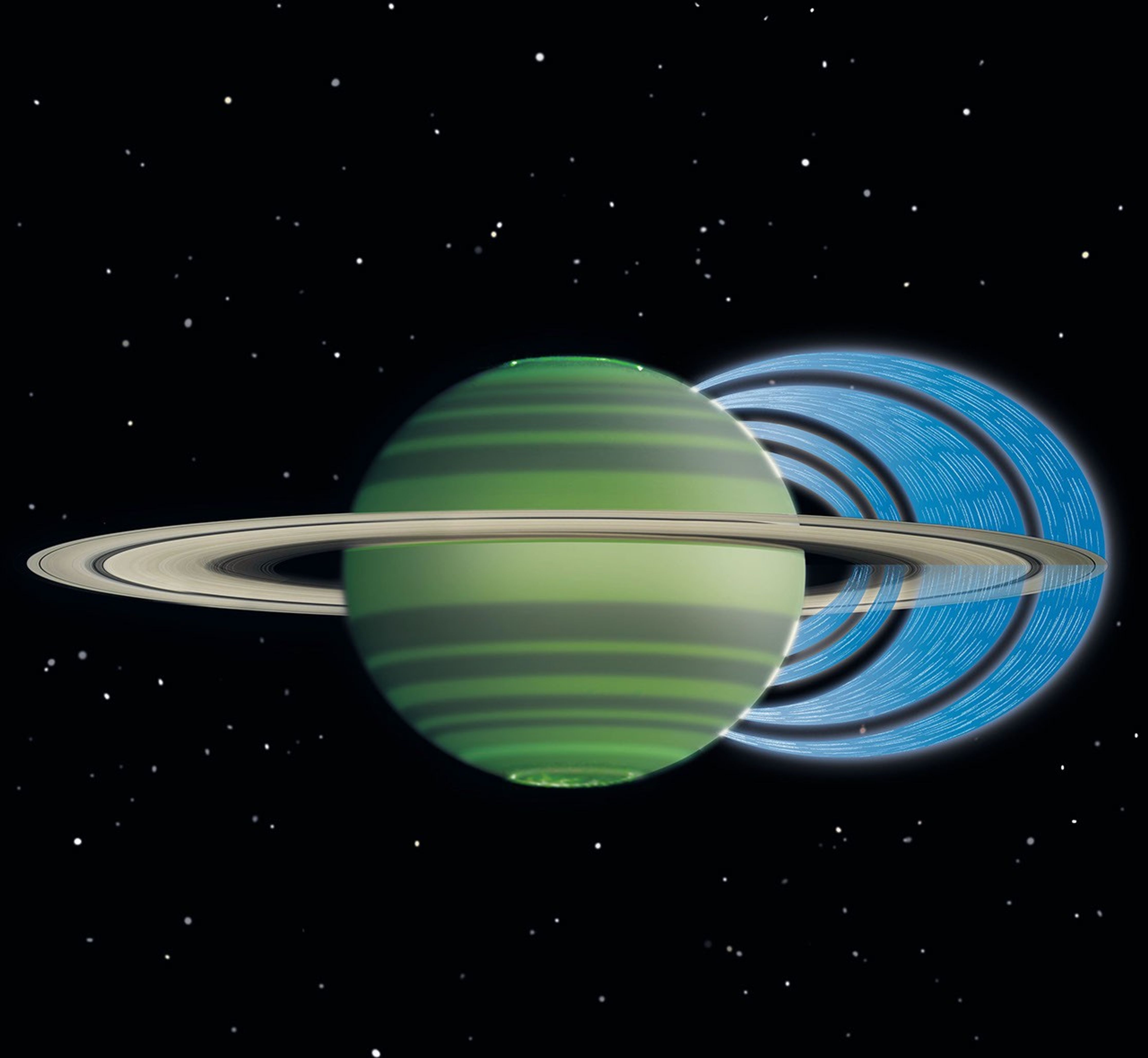 This artist's concept illustrates how charged water particles flow into the Saturnian atmosphere from the planet's rings, causing a reduction in atmospheric brightness.