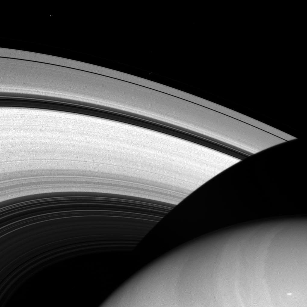 Epimetheus, Prometheus, Saturn and its rings