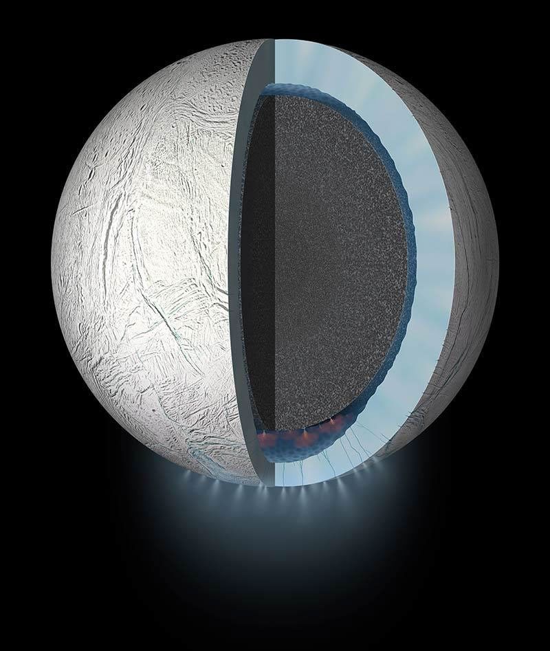 This artist’s rendering showing a cutaway view into the interior of Saturn’s moon Enceladus.