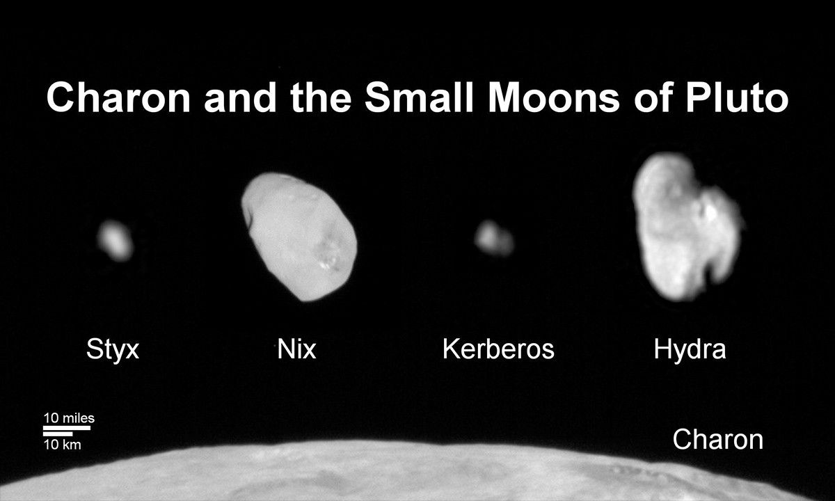 This composite image shows a sliver of Pluto's large moon, Charon, and all four of Pluto's small moons, as resolved by the Long Range Reconnaissance Imager (LORRI) on the New Horizons spacecraft.