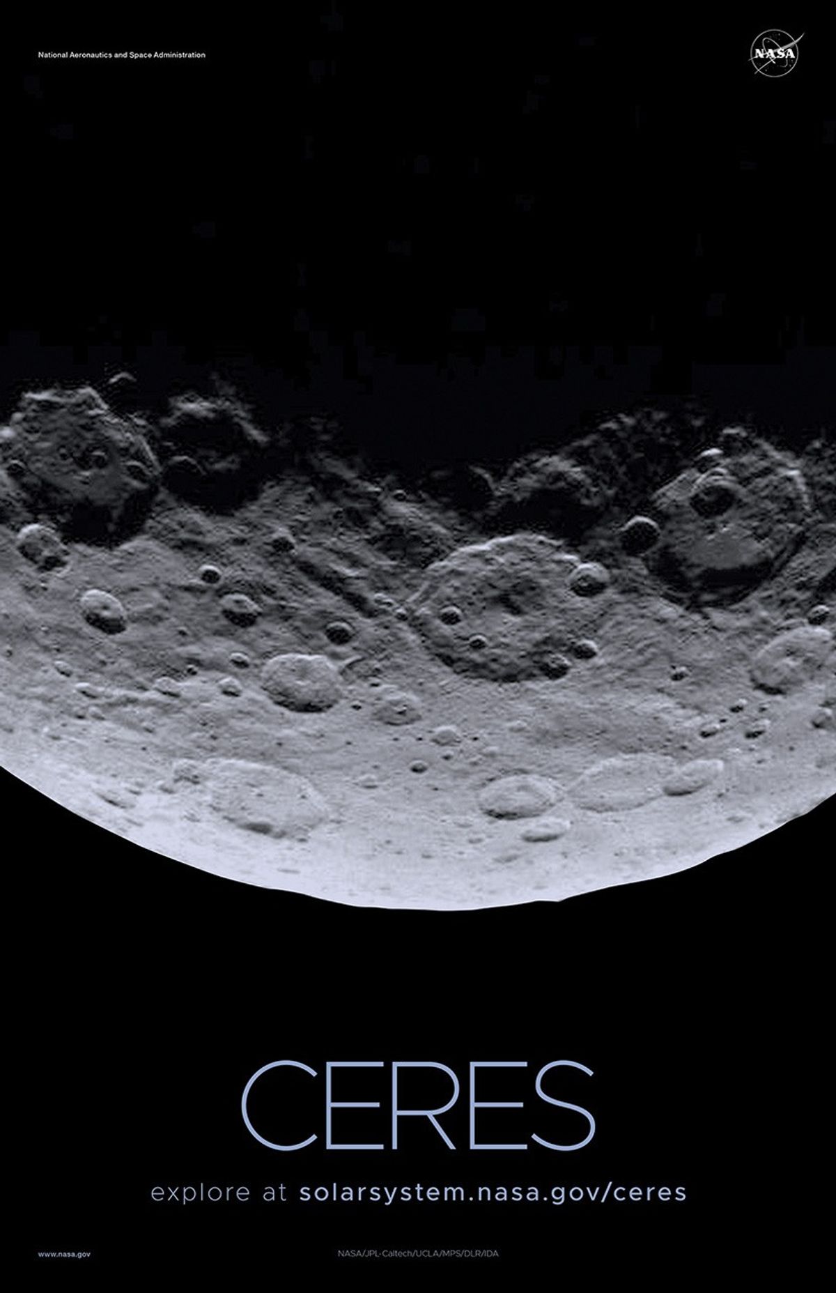 Half disk view of Ceres showing craters in great detail.