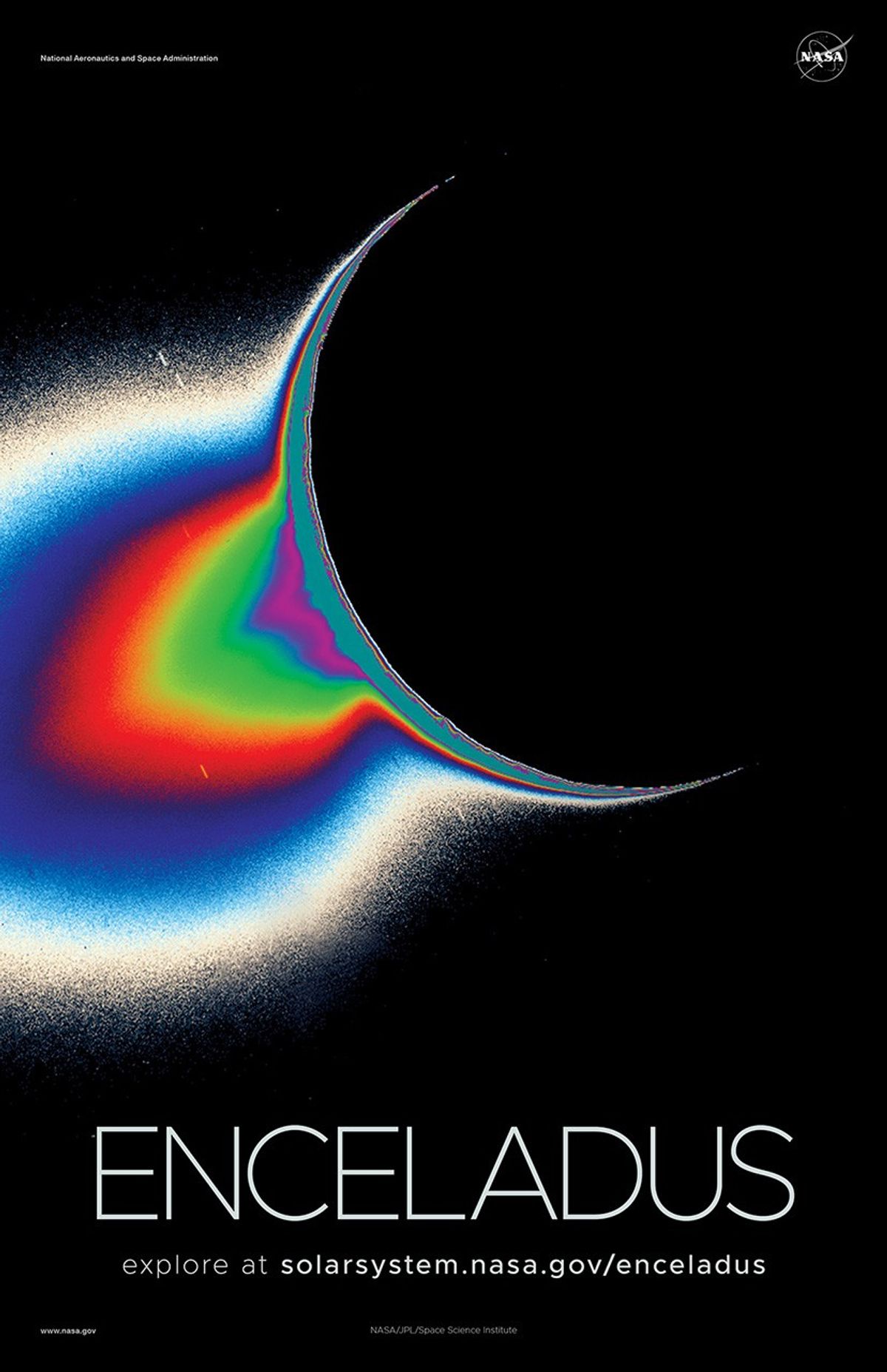 Enhanced color view shows massive plume erupting from the crescent of Enceladus.