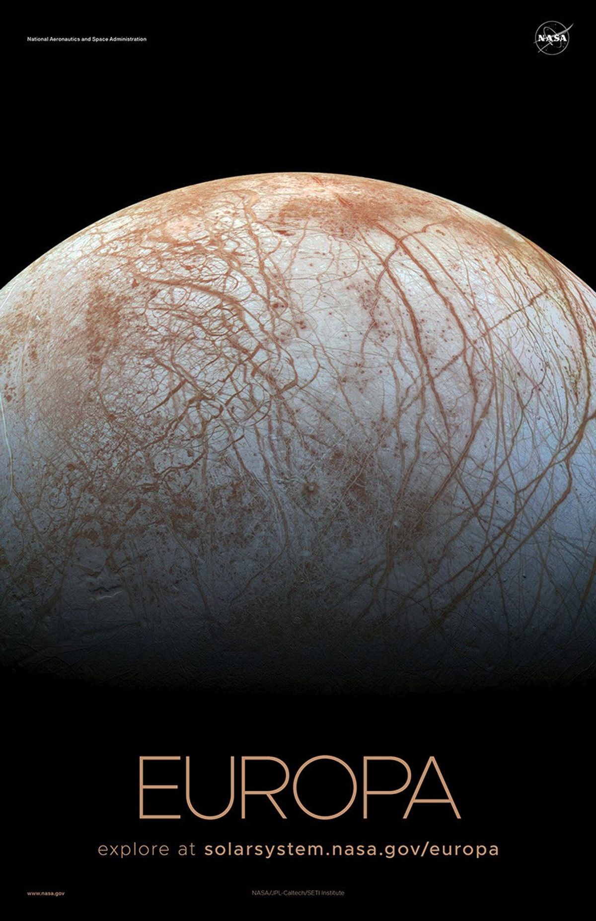 Close up view of the sunlit half of Jupiter's Moon Europa.