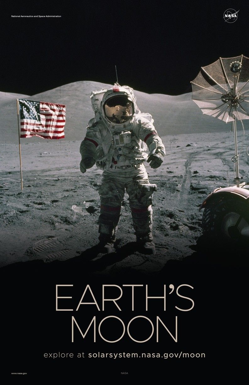 Astronaut on the Moon in front of the American flag.