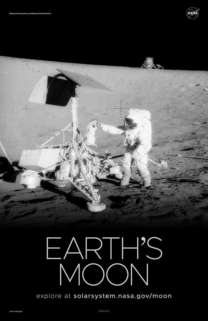 An astronaut stands next to a spacecraft on the Moon. Another spacecraft is shown in the distance in the background.