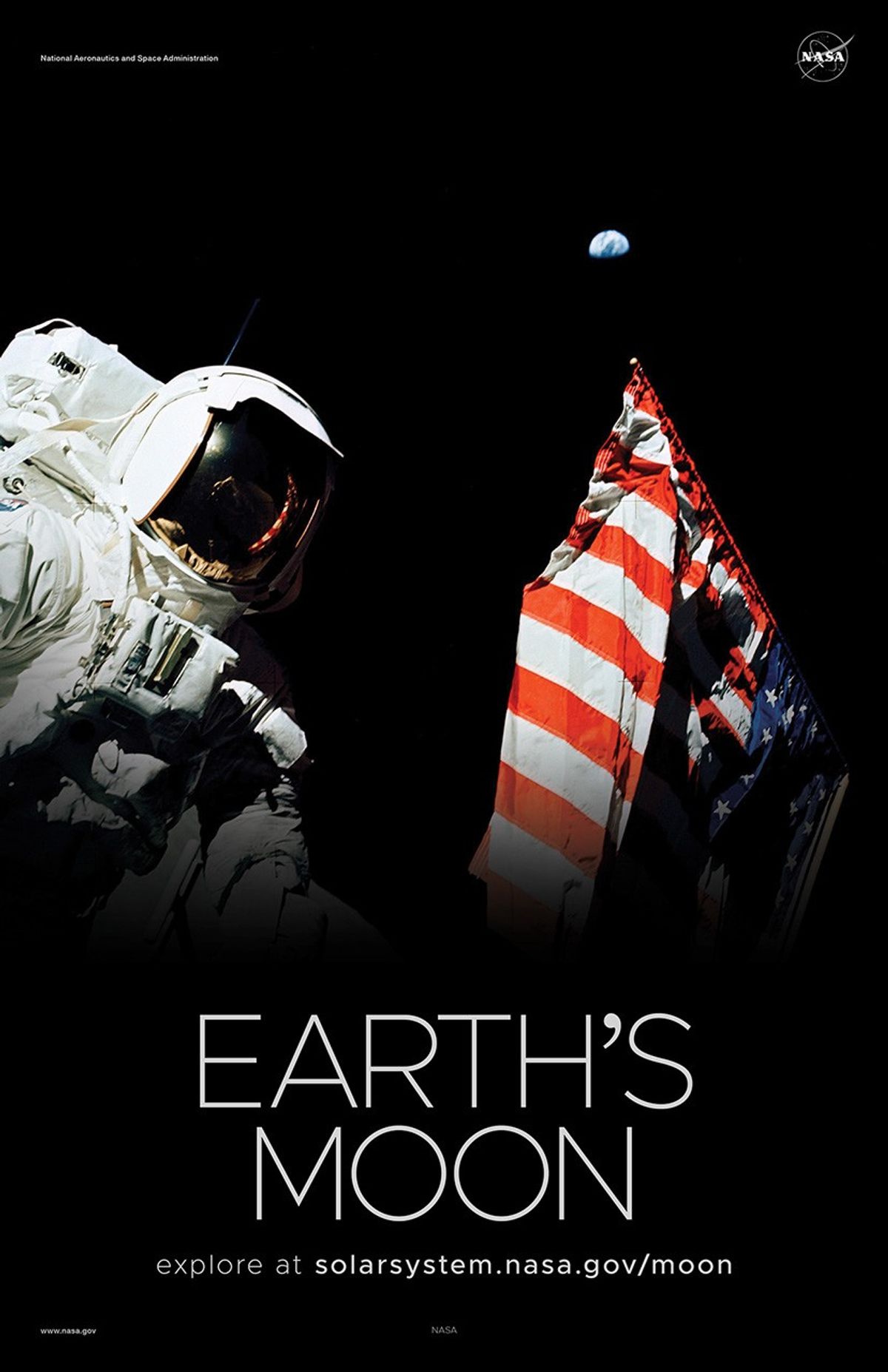 An astronaut stands next to the American flag on the Moon with Earth in the sky above.
