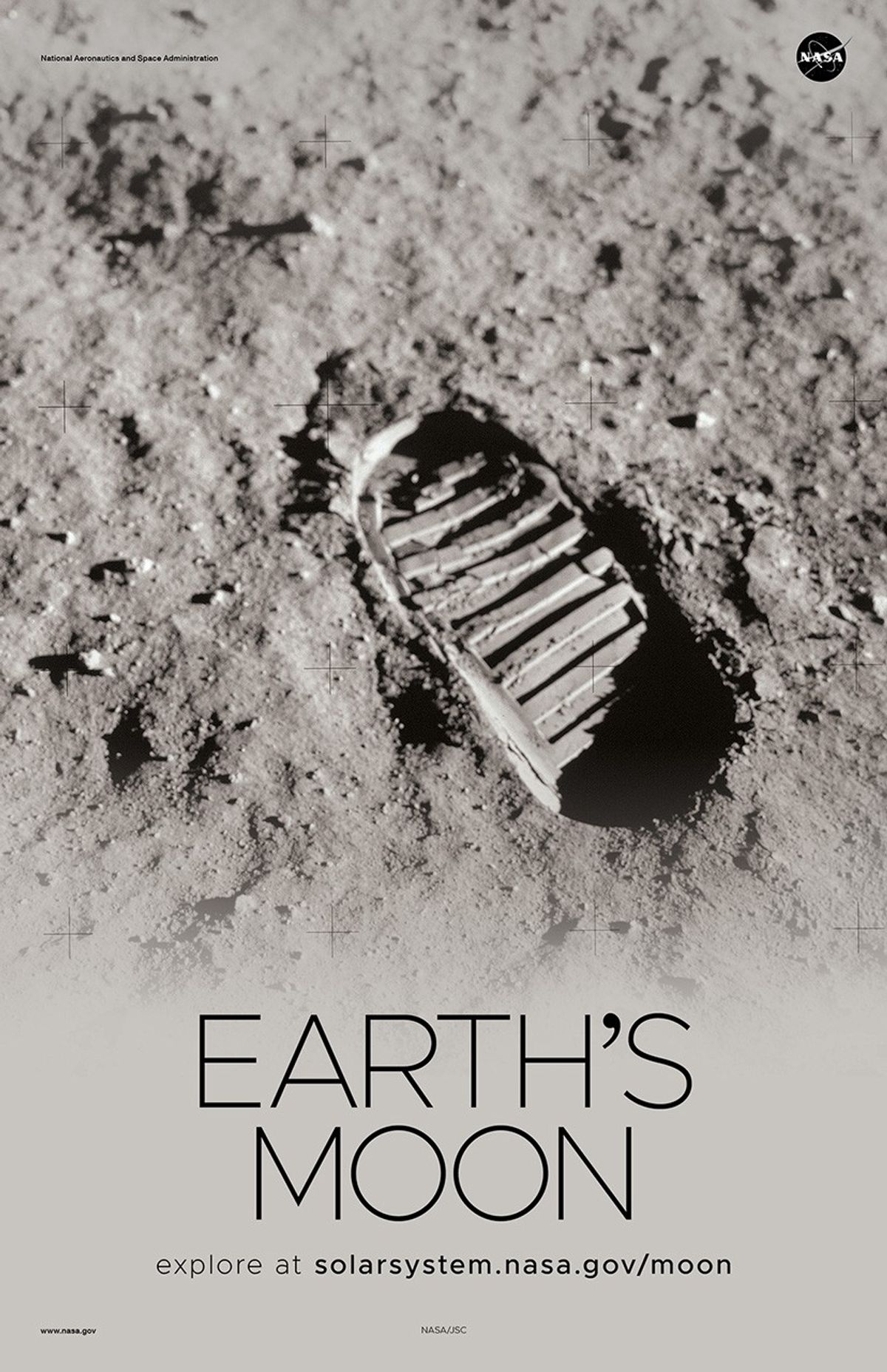 Iconic Apollo 11 boot print in the soil of the Moon.