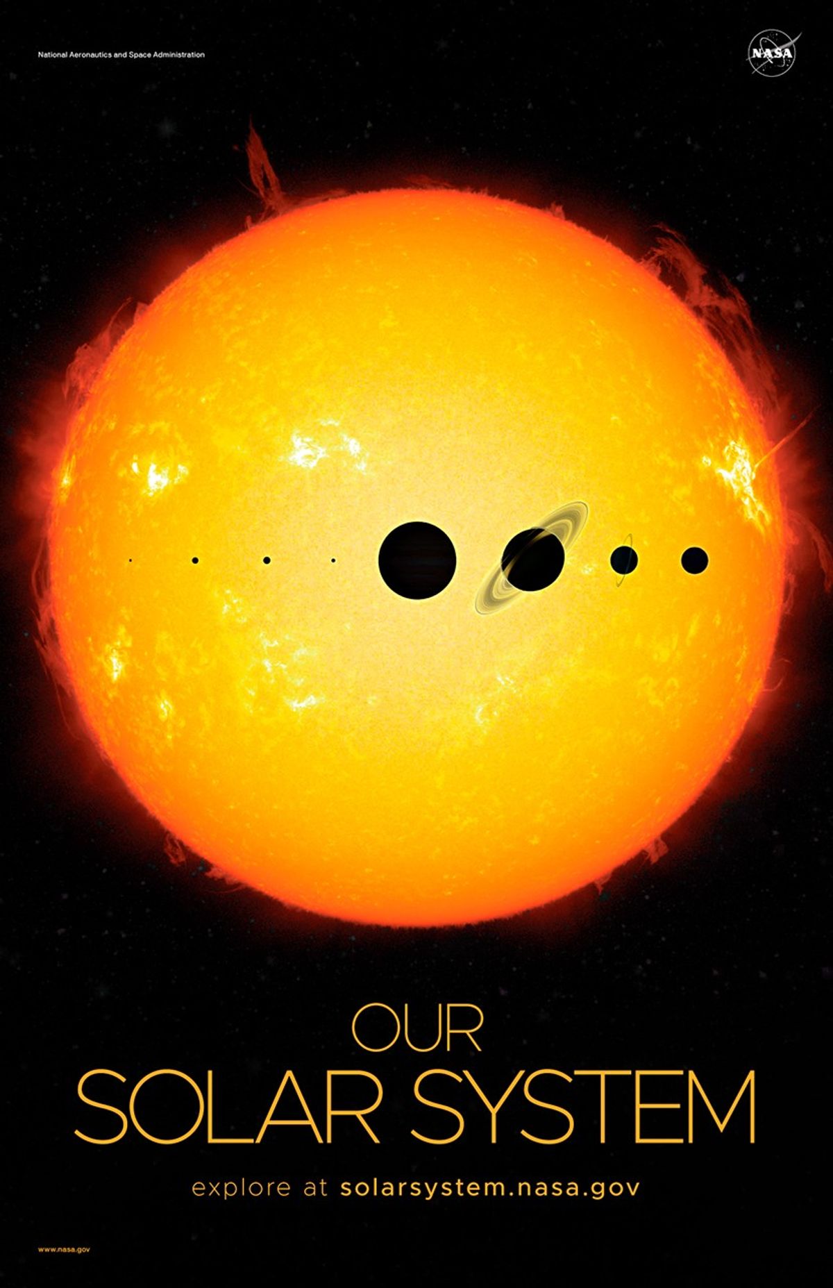 Artist's concept of eight planets in front of the Sun.