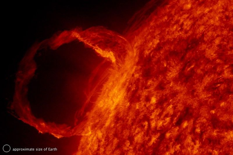 Ribbons of plasma from the sun against the black backdrop of space.