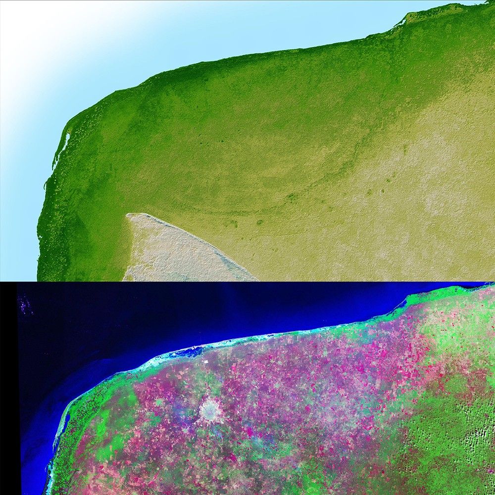 The top picture is a shaded relief image of the northwest corner of Mexico's Yucatan Peninsula generated from Shuttle Radar Topography Mission (SRTM) data, and shows a subtle, but unmistakable, indication of the Chicxulub impact crater.