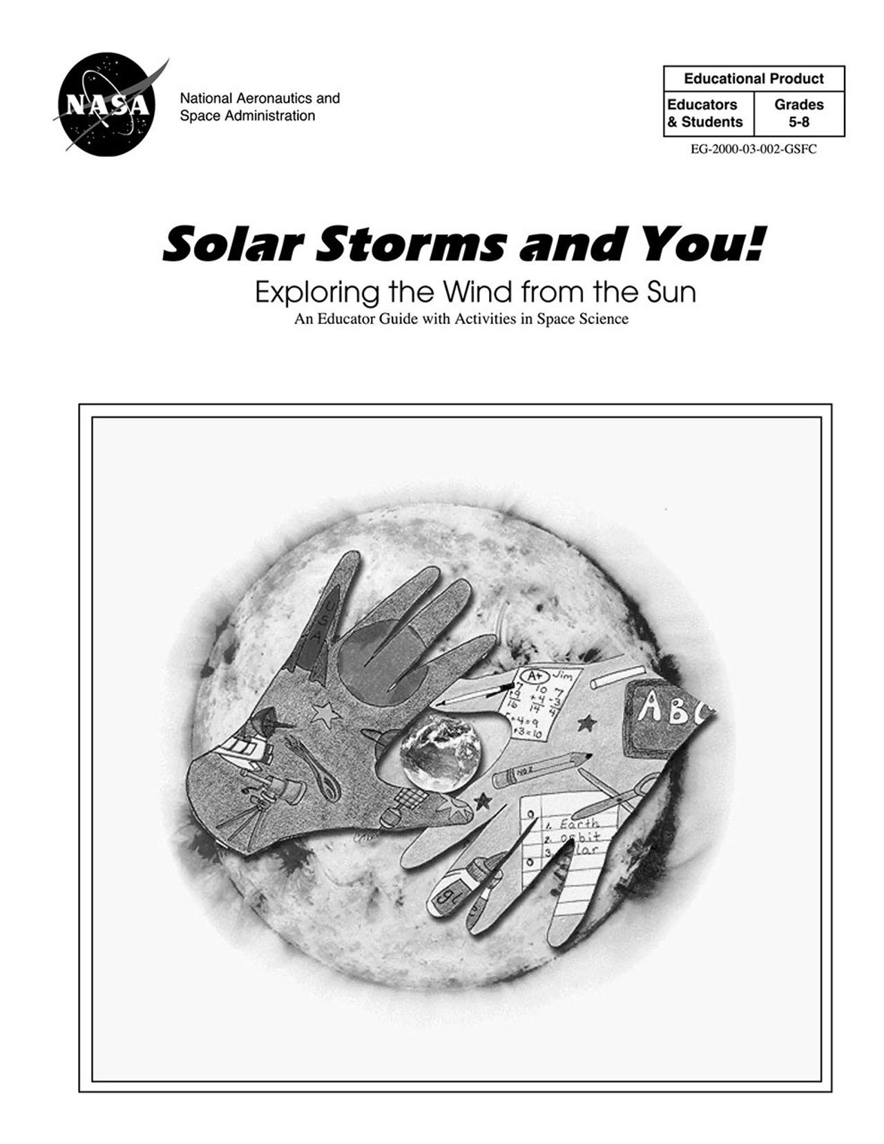 A black and white illustration of the Sun with two hands on top of it. Within the hands are smalller drawings of school-related items like telescopes, pencils, scissors, and glue.