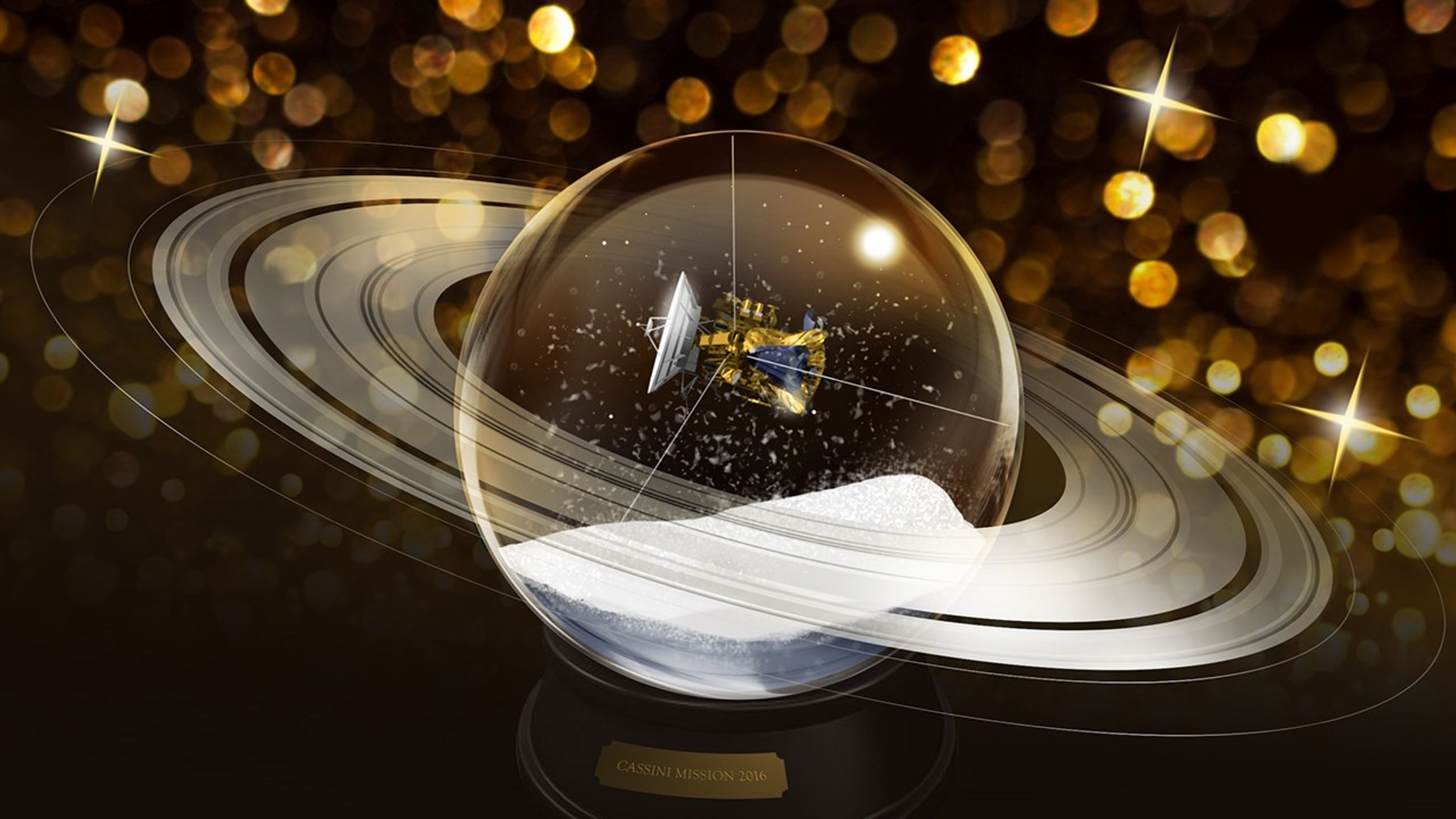 Illustration showing the Cassini spacecraft in a snowglobe.
