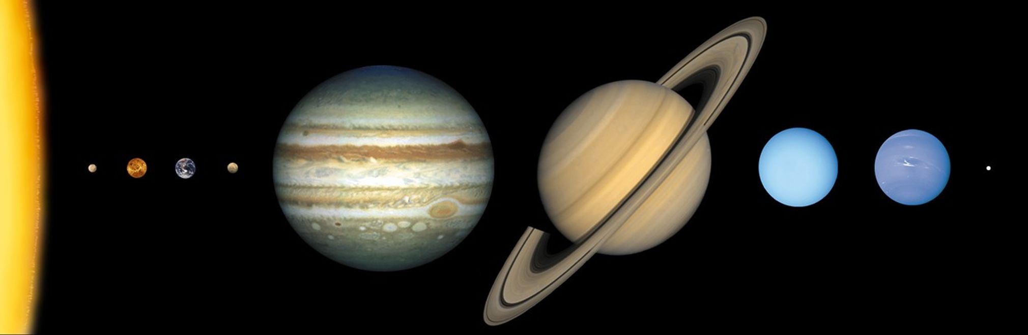 An illustration showing the eight planets of the solar system lined up in a row to compare their relative sizes, from tiny Mercury to massive Jupiter and Saturn