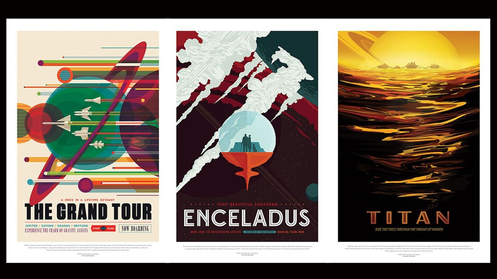 Colorful, whimsical travel posters envision of future where the solar system is open to exploration.