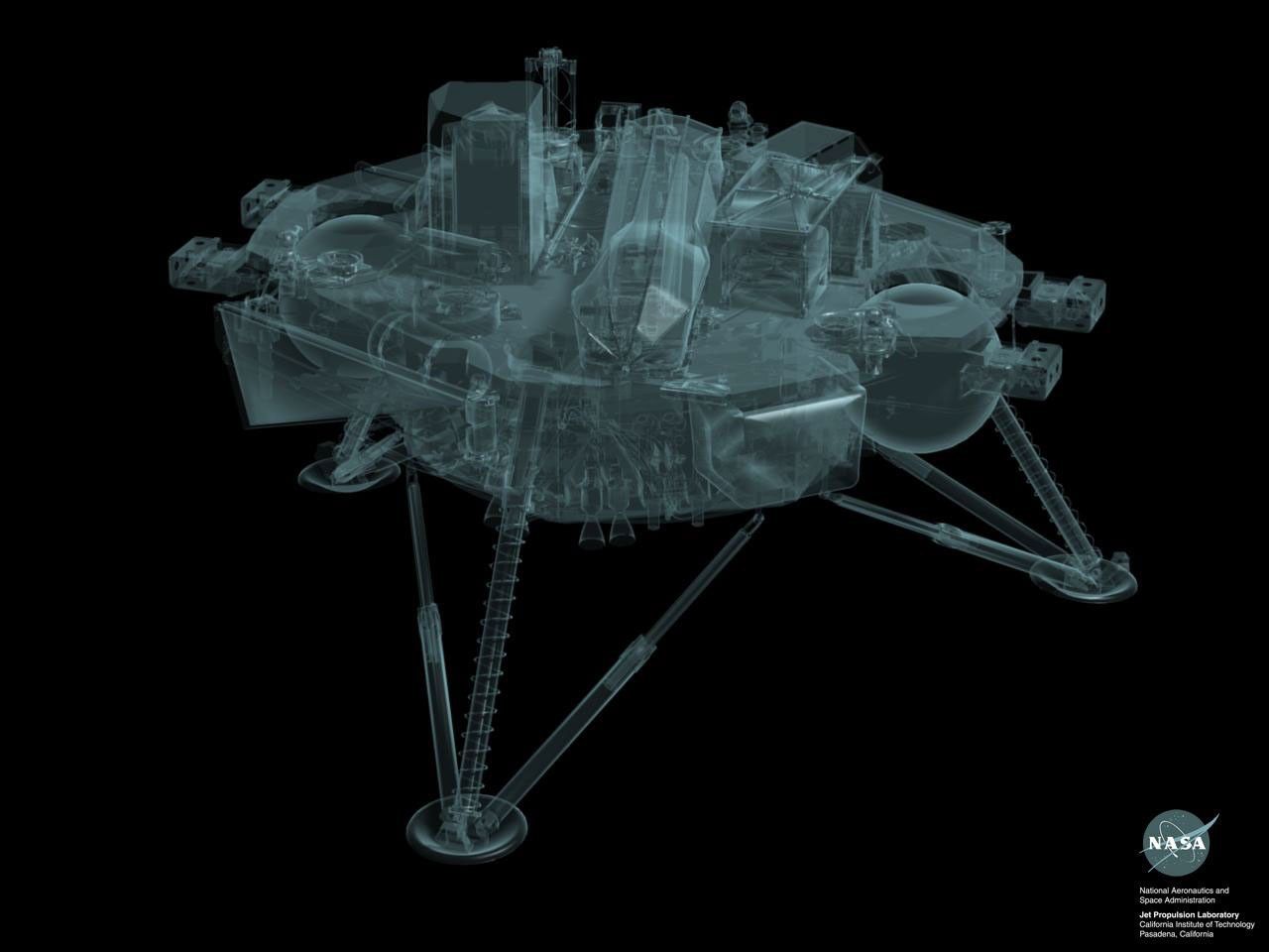 This artist's concept shows an x-ray image of the Phoenix Lander in its pre-landing stowed configuration.