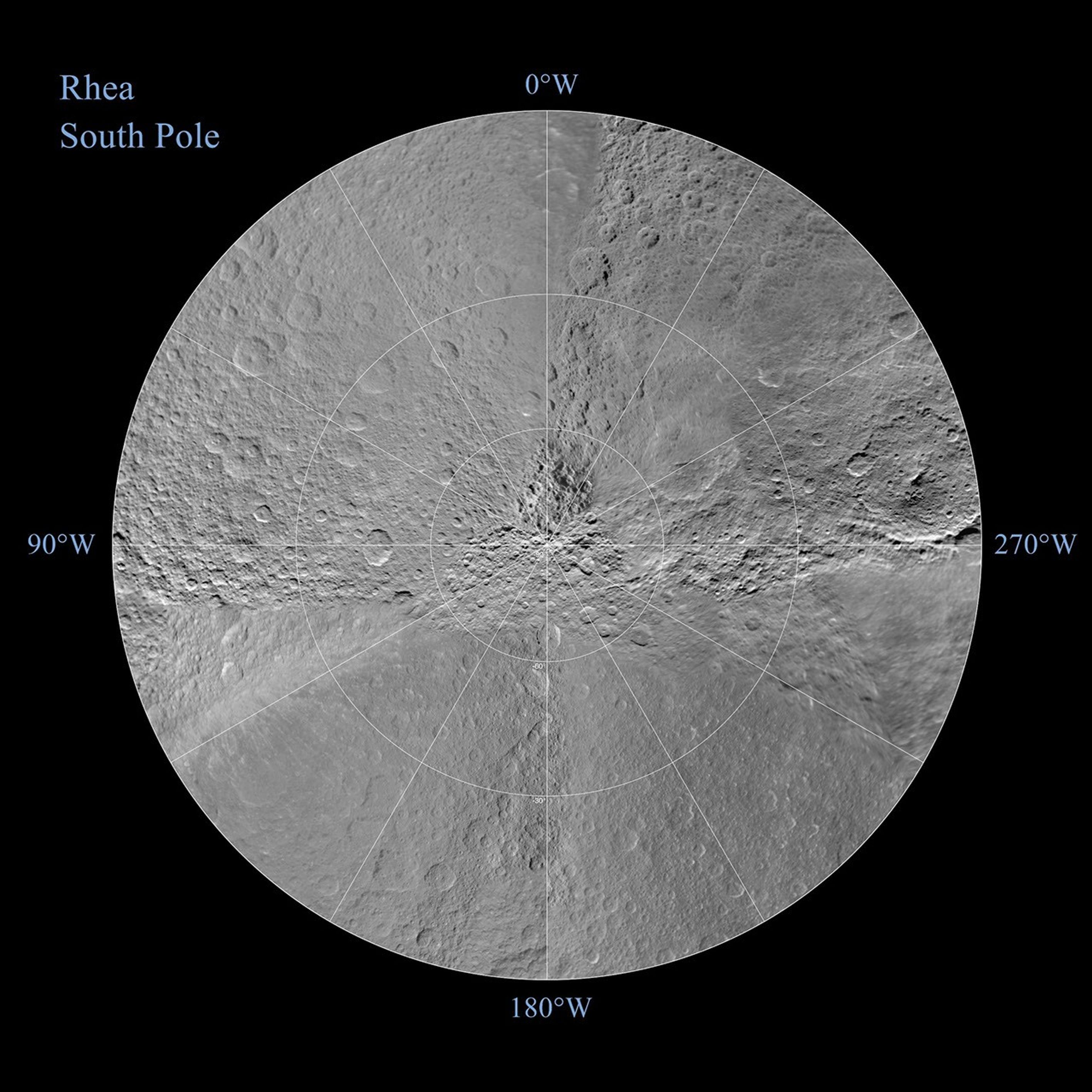 The northern and southern hemispheres of Rhea