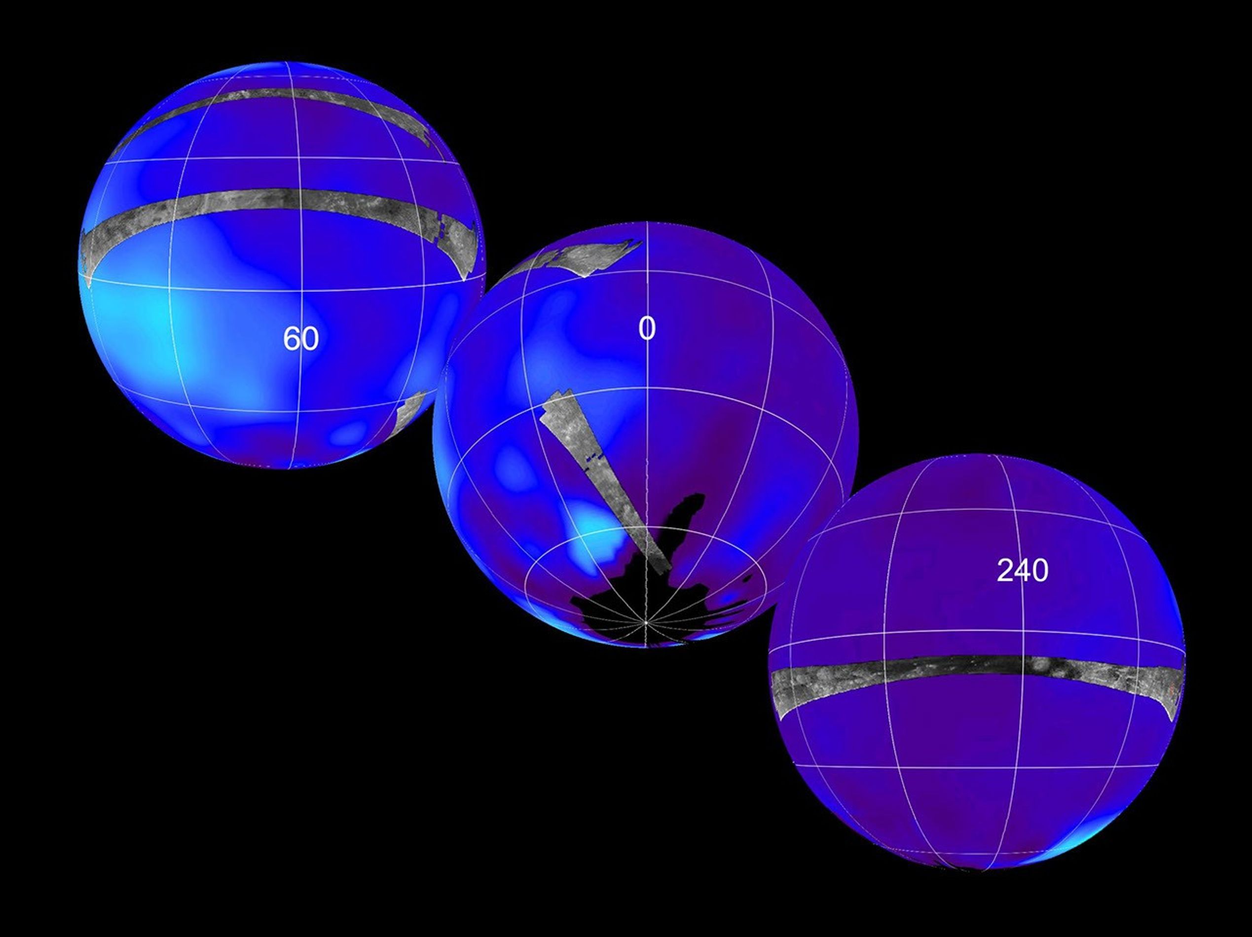 Three images: radar swaths superimposed on a false-color image made from observations by NASA's Hubble Space Telescope.