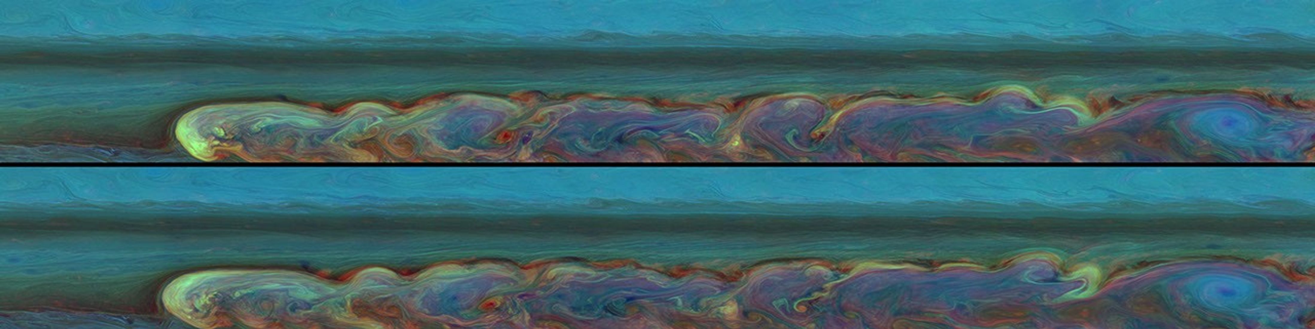 These false-color mosaics from NASA's Cassini spacecraft chronicle the changing appearance of the huge storm that developed from a small spot in Saturn's northern hemisphere.