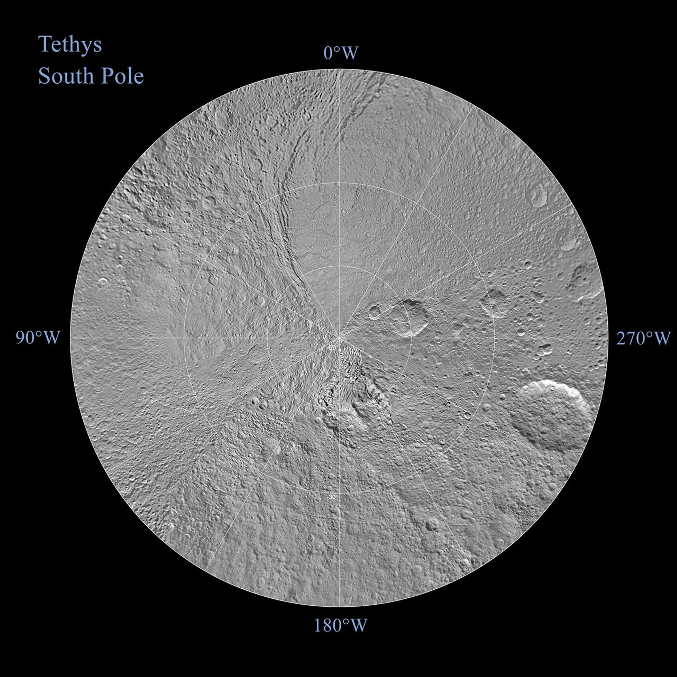 The northern and southern hemispheres of Tethys are seen in these polar stereographic maps, mosaicked from the best-available Cassini images.