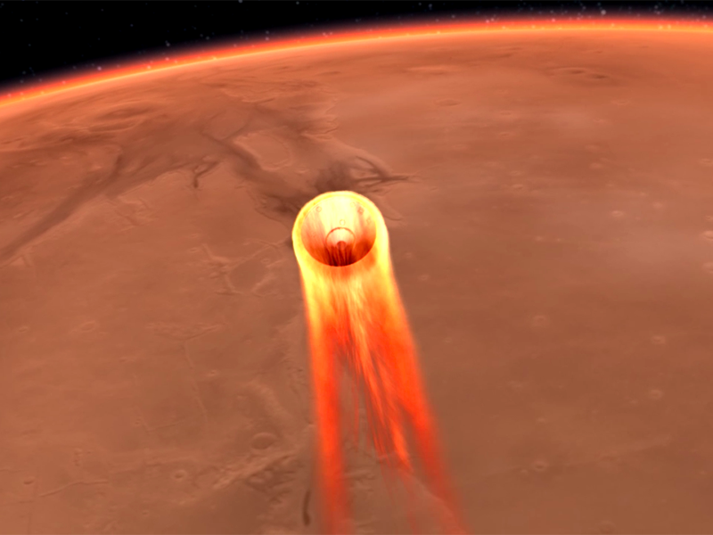 Illustration of spacecraft entering Mars atmosphere.